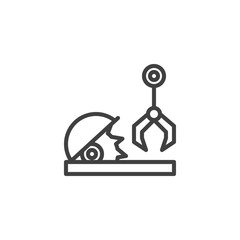 Woodworking industry robot arm line icon. linear style sign for mobile concept and web design. Circular saw and robotic arm outline vector icon. Symbol, logo illustration. Vector graphics