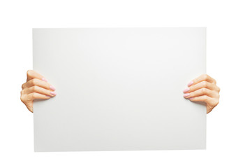 Female hands holding blank poster, copy-space. - 300292807