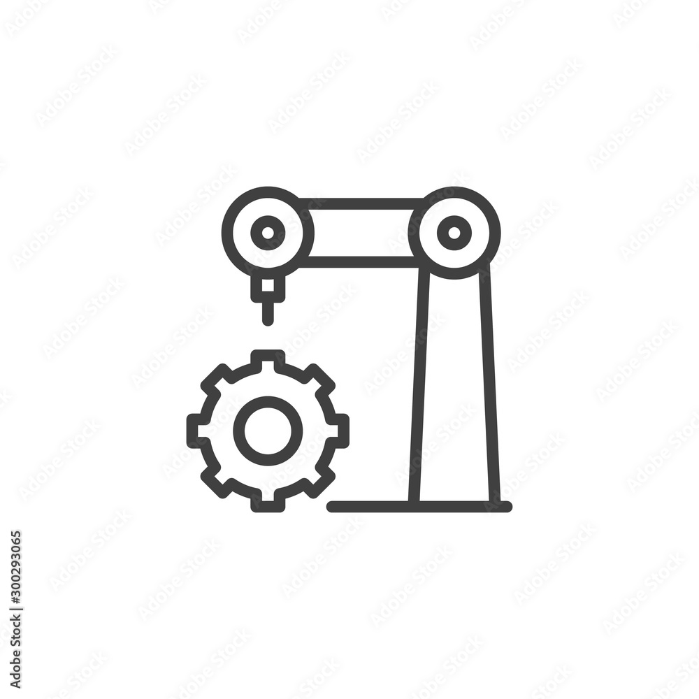 Poster robot arm and gear line icon. linear style sign for mobile concept and web design. robotic assembly 