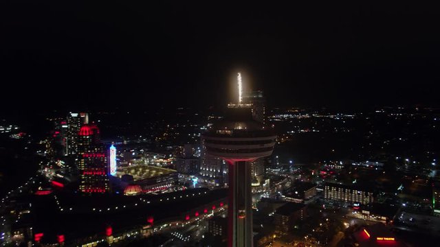 Niagara Falls Ontario Aerial v20 Full nighttime panoramic cityscape with Skylon Tower in foreground and Fall views - October 2017