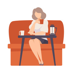 Woman sits on a red sofa at a table in a cafe. Vector illustration.