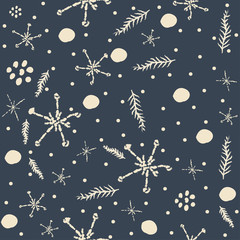 Seamless Winter pattern with hand drawn spruce, leafs, snowflakes.