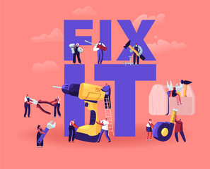 Home Repair and Renovation Concept. Tiny Male and Female Characters Holding Huge Tools for Construction Works Drill Hammer Wrench. Fix it Poster Banner Flyer Brochure. Cartoon Flat Vector Illustration