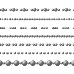 Gray realistic steel bead chain. Vector set of realistic seamless pattern