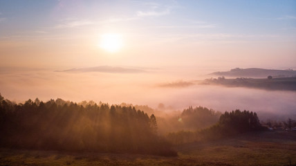 Forest and Meadow in Fog at Sunrise. Autumn Seasonal Weather