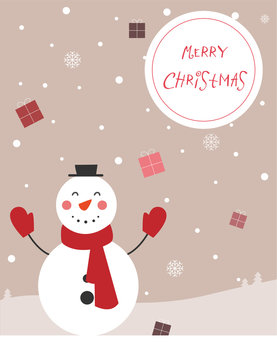 Weihnachtskarte - Merry Christmas, Süßer Schneemann mit Schal und Handschuhen