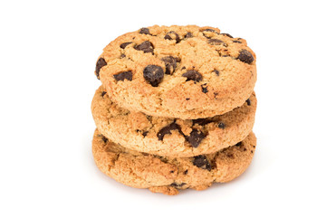 Homemade cookies. Three sweet cookies with chocolate chips. Tasty biscuit in high resolution close-up, isolated on white background with small shadows. Homemade bakery.