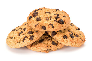 Homemade cookies. Four sweet cookies with chocolate chips. Tasty biscuit in high resolution close-up, isolated on white background with small shadows. Homemade bakery.