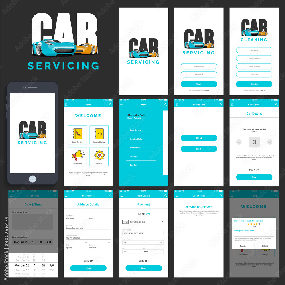 Poster car servicing mobile app user interface kit.