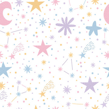 Childish seamless pattern with cute moon and stars. Nursery baby background. Creative kids texture for fabric