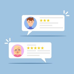 User reviews online. Customer feedback review experience rating concept. User client service message.