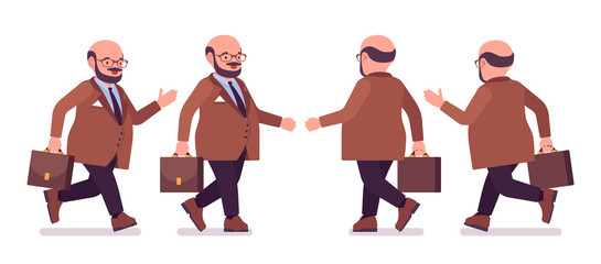 Chubby heavy man with belly walking, running, overweight, fat body shape. Middle aged bold guy, kind civil service worker. Big men fashion plus size formal wear. Vector flat style cartoon illustration