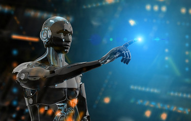 Black and blue intelligent robot cyborg pointing finger on dark 3D rendering