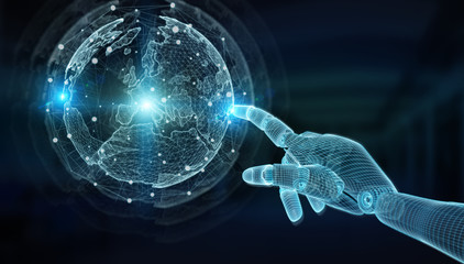Wireframed blue robot hand touching digital world on dark background 3D rendering