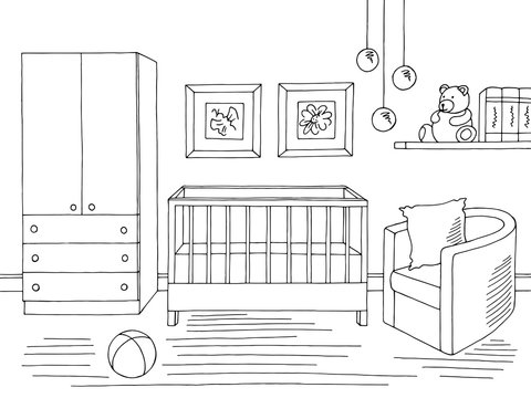 Baby room graphic black white interior sketch illustration vector