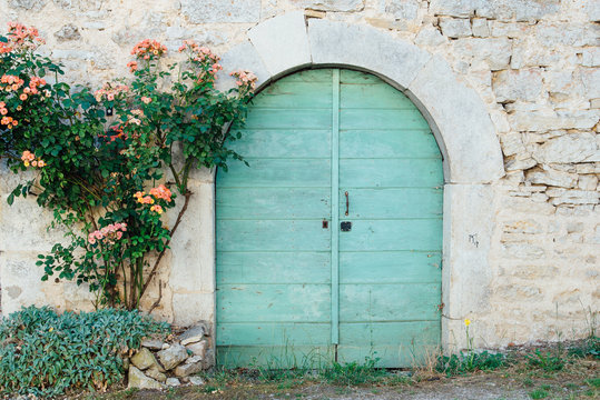 une vieille porte en bois bleu vert et un rosier grimpant