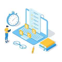 Concept of online exam, online testing, questionnaire form, online education, survey, internet quiz. Isometric vector illustration.