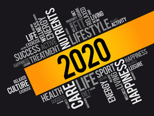 2020 health and sport goals word cloud, concept background