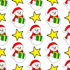 Christmas seamless pattern with Christmas toys, gifts and snowflakes. Perfect for wallpapers, wrapping paper, pattern fills, winter greetings, web page background. Separate illustrations. White