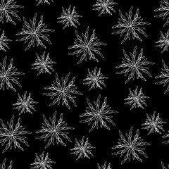 Black and white winter pattern with snowflakes against a dark background. Seamless abstract pattern for decoration of fabric, paper.