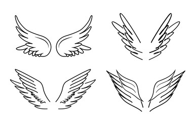 Wings silhouettes set of icons. Vector illustration isolated on white background. Ready for your design. EPS10.