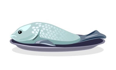 Whole raw, salted or smoked bright silver fish is on plate. Marinated herring, salmon, pink humpy. Seafood preparation process. Vector cartoon illustration isolated on white background.