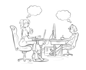 Man and woman works on the computer. Hand drawn sketch vector illustration.