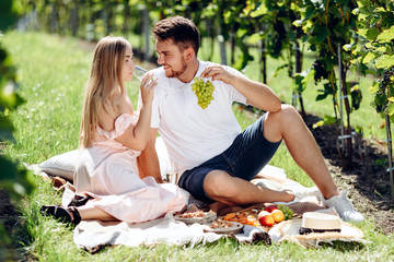 Enamored girl and boy sitting on blanket eating grapes and drinking wine during picnic in grape garden