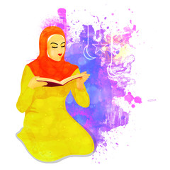 Islamic background with young religious lady reading holy book.