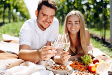 Couple in love lying on a picnic blanket, holding glasses of wine and making a toast