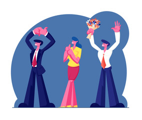 Fototapeta na wymiar Party or Anniversary Celebration. Group of People in Festive Clothing Applauding and Waving Hands, Man in Formal Suit Holding Flowers Bouquet, Fans Greeting Artists Cartoon Flat Vector Illustration