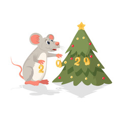 Happy New year 2020. Christmas tree and mouse or ratwith figures 2020 of cheese. Chinese New year symbol of 2020 new year.