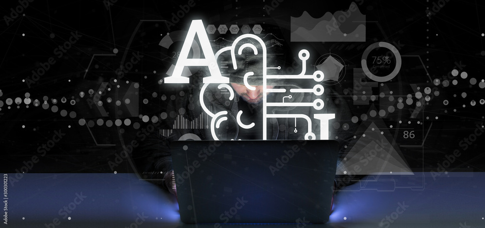 Poster hacker man holding artificial intelligence icon with half brain and half circuit 3d rendering