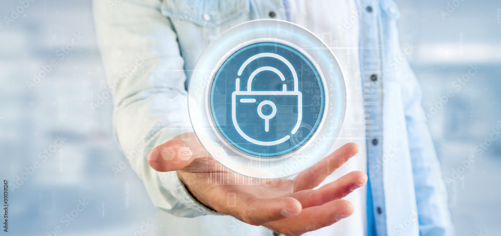 Poster businessman holding security padlock wheel icon with stats and binary code 3d rendering