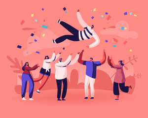 Friends Birthday Party, Business Success Congratulation. Team of Young People Tossing Up in Air Man with Confetti Flying Around. People Celebrating Victory Achievement Cartoon Flat Vector Illustration - obrazy, fototapety, plakaty