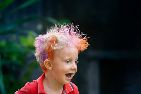 Funny portrait of boy with messy hairstyle. Crazy hipster kid. Stylish boy  with painted colorful hair. Happy children having fun and celebrating at  party in family summer camp. positive and cheerful. Stock