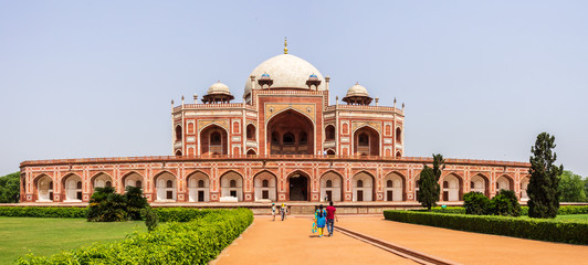 Panorama of Humayun's Tomb Complex with square, park and vegetation. Delhi, India. Asia.