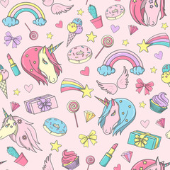 Seamless pattern with unicorns, rainbow, sweets etc.