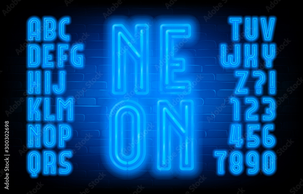 Fototapete neon alphabet font. blue neon light letters and numbers in retro style. brick wall background. stock