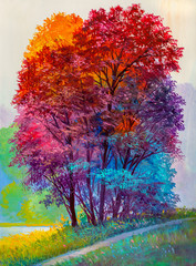 Oil painting landscape - colorful autumn forest