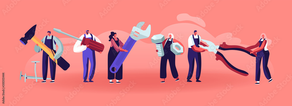 Aufkleber professional construction workers with tools. tiny characters in uniform overalls standing in row wi