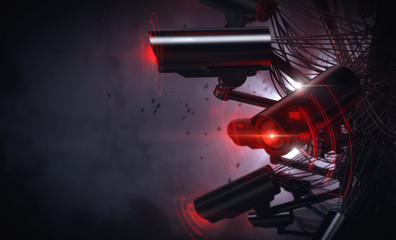 Surveillance cctv video cameras controlled by Artificial Intelligence recording faces and car plates. Future with constant surveillance and social credit system concept. Copy space. 3D rendering