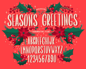 Christmas font. Holiday typography alphabet with festive illustrations and season wishes. - 300304014