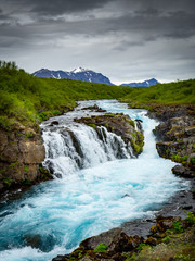 Blue Bruarfoss waterfalls in iceland