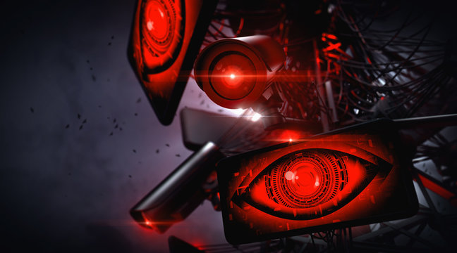 Big brother eyes on huge screens and surveillance cctv video cameras controlled by Artificial Intelligence recording faces and car plates. Copy space. 3D rendering