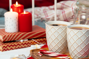 Red and white Christmas candles interior decoration
