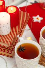 Interior decoration with red and white Christmas candles
