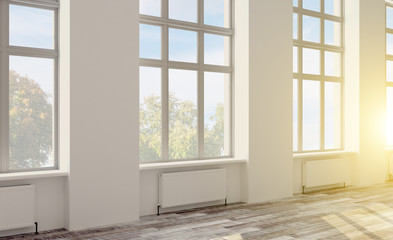 3D rendering, empty office space. open space. walls in bright colors. large panoramic windows.. Sunset