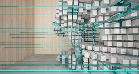 Abstract architectural wood and glass interior from an array of cubes with large windows. 3D illustration and rendering.