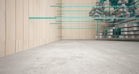 Abstract architectural wood and glass interior from an array of cubes with large windows. 3D illustration and rendering.